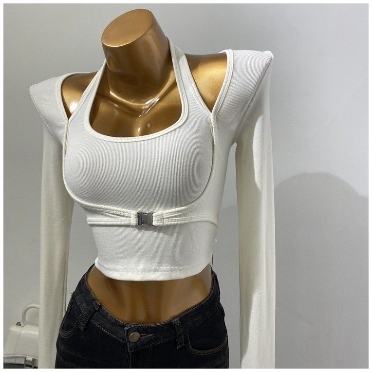 Bán Chạy!Áo Thun Ngắn Tay Dài Giả Hai Lớp Cài Nút Kim Loại Dáng Ôm Thời Trang Mùa Thu 2022