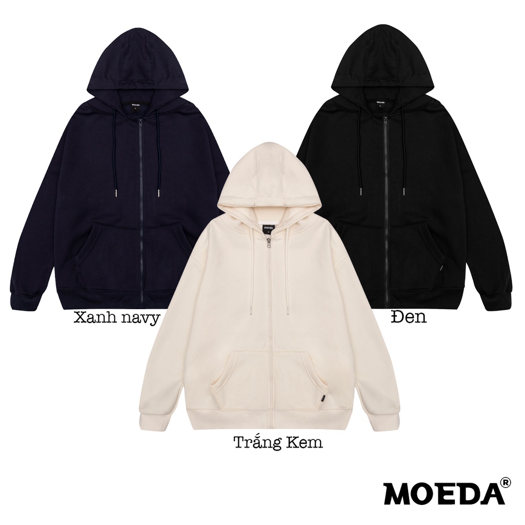 Áo khoác Hoodie Zip Unisex MOEDA (TRẮNG KEM & XANH NAVY & ĐEN)