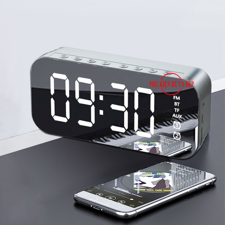 Loa Bluetooth kiêm đồng hồ, nhạc FM, đo nhiệt độ, có khe cắm thẻ nhớ - Loa đồng hồ mặt gương