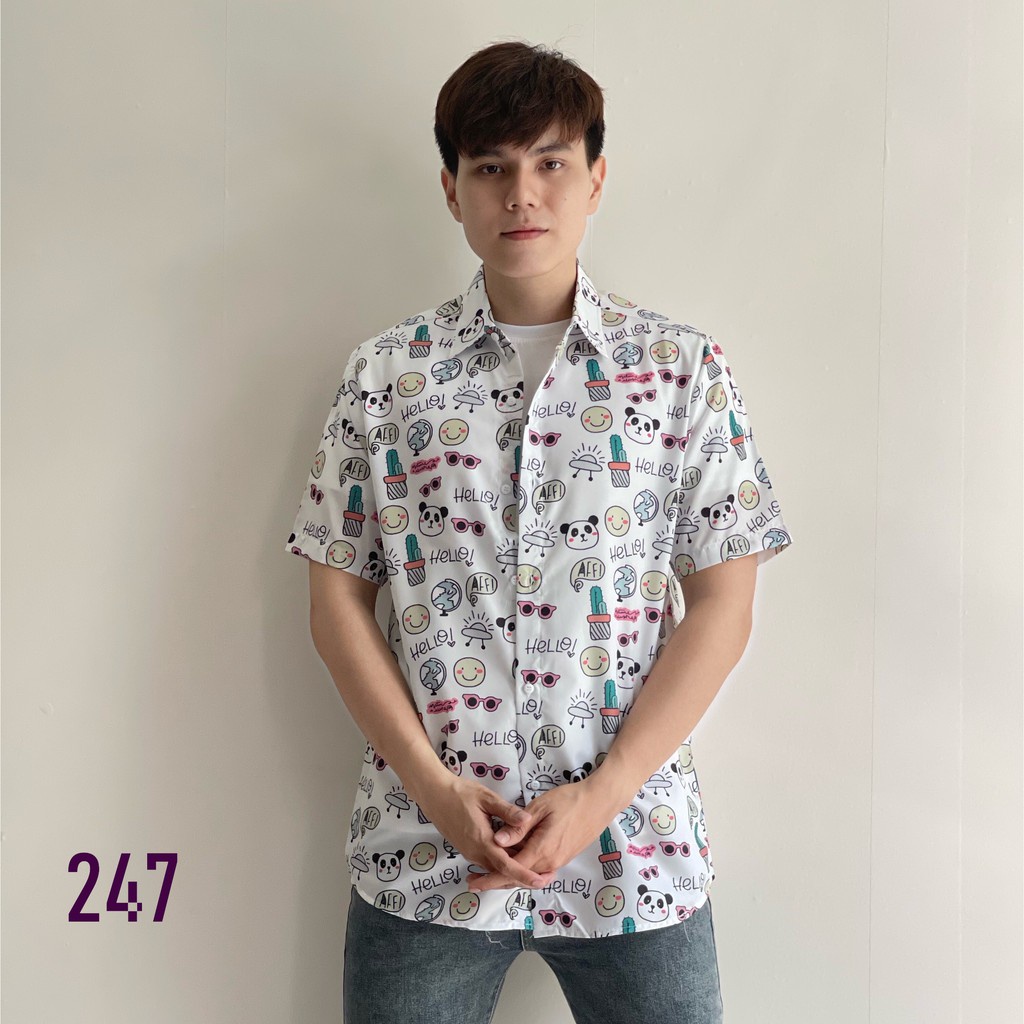 Áo Sơ Mi Nam Nữ Ngắn Tay Cổ Bẻ 247 In Họa Tiết Chú Gấu Mắt Kính Mặt Vui Chất Vải Thoáng Mát  Mẫu Siêu Cute - Hazo