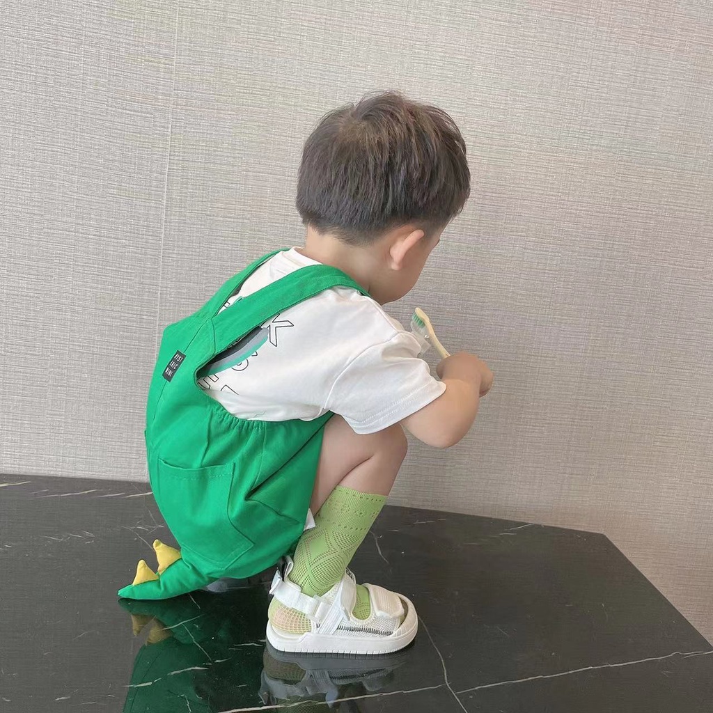 Set Áo Thun Ngắn Tay In Hình Khủng Long Hoạt Hình Và Quần Yếm Phong Cách Hàn Quốc Thời Trang Mùa Hè Cho Bé Gái