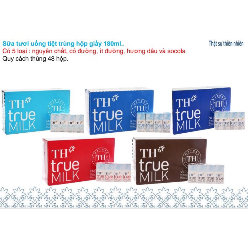 Thùng sữa tươi TH True Milk 180 mlx48 hộp( Có Đường / Ít Đường / Nguyên Chất / Dâu / Sôcola / Đủ mùi )