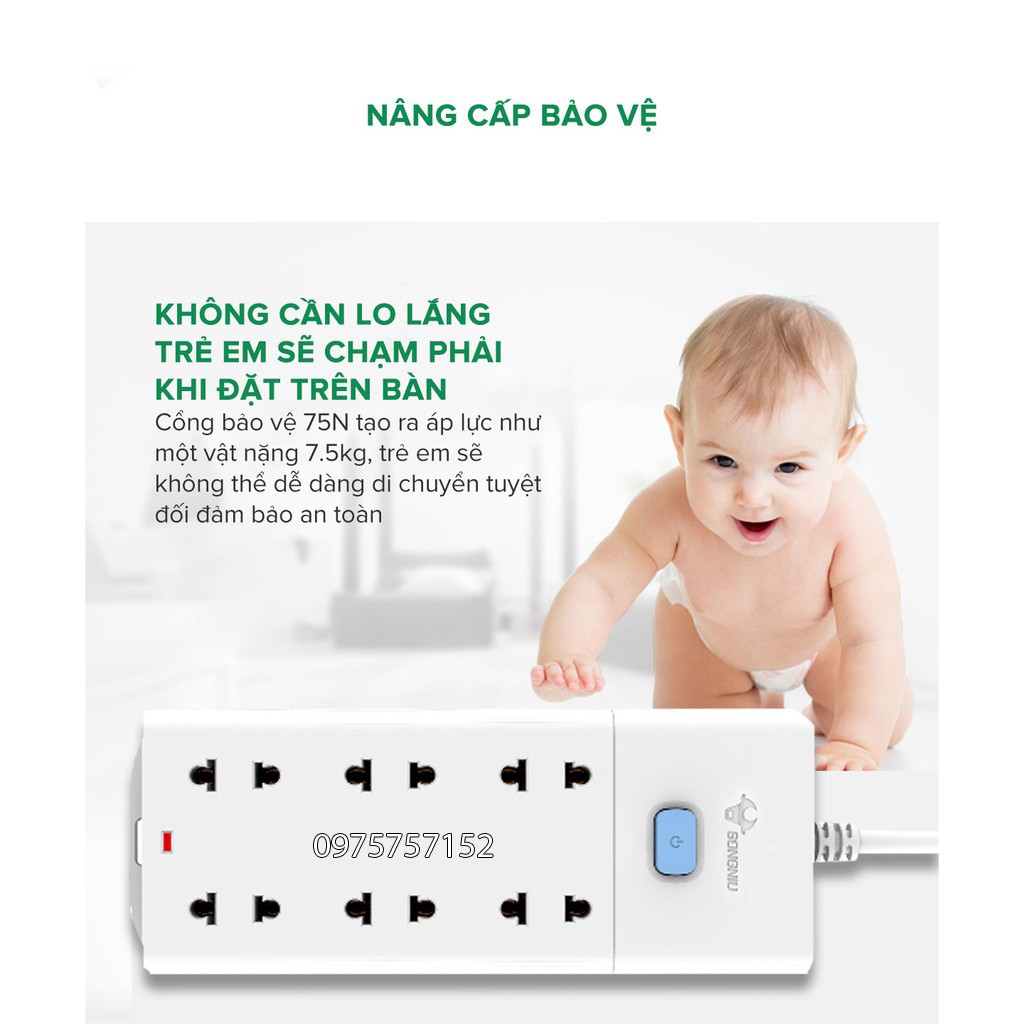 Ổ cắm điện an toàn cao cấp GONGNIU, ổ cắm điện đa năng 8 ổ 1 công tắc có dây 5m, bảo hành chính hãng 3 năm 1 đổi 1