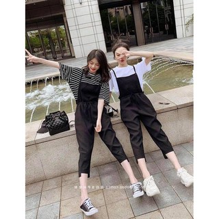 [SIÊU XINH] Set quần yếm kaki gấu lệch + thun trơn và kẻ (Sỉ từ 5sp bất kỳ)