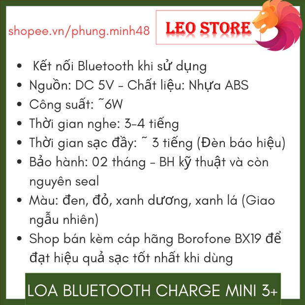 Loa bluetooth nghe nhạc charge 3+ mini âm thanh to rõ, pin trâu