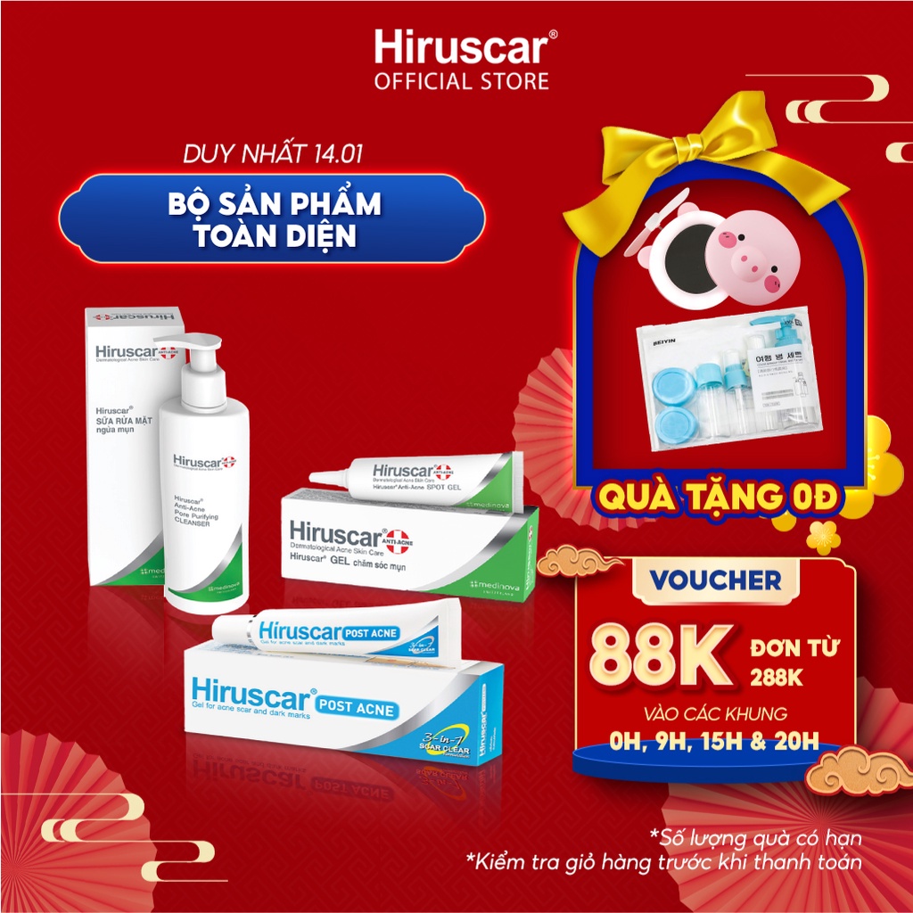 [Mã COSHIRU2 - 8% đơn 150K] Combo Gel mờ sẹo mụn Hiruscar Post Acne 10g, Gel xử lý mụn 10g và Sữa rửa mặt 100g