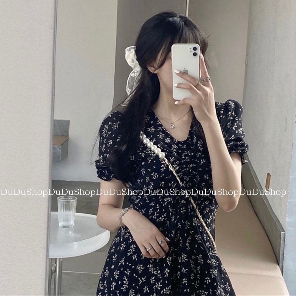( Sẵn M đen ) Váy hoa nhí cổ chữ V chun ngực vintage mềm mịn màu đen và trắng