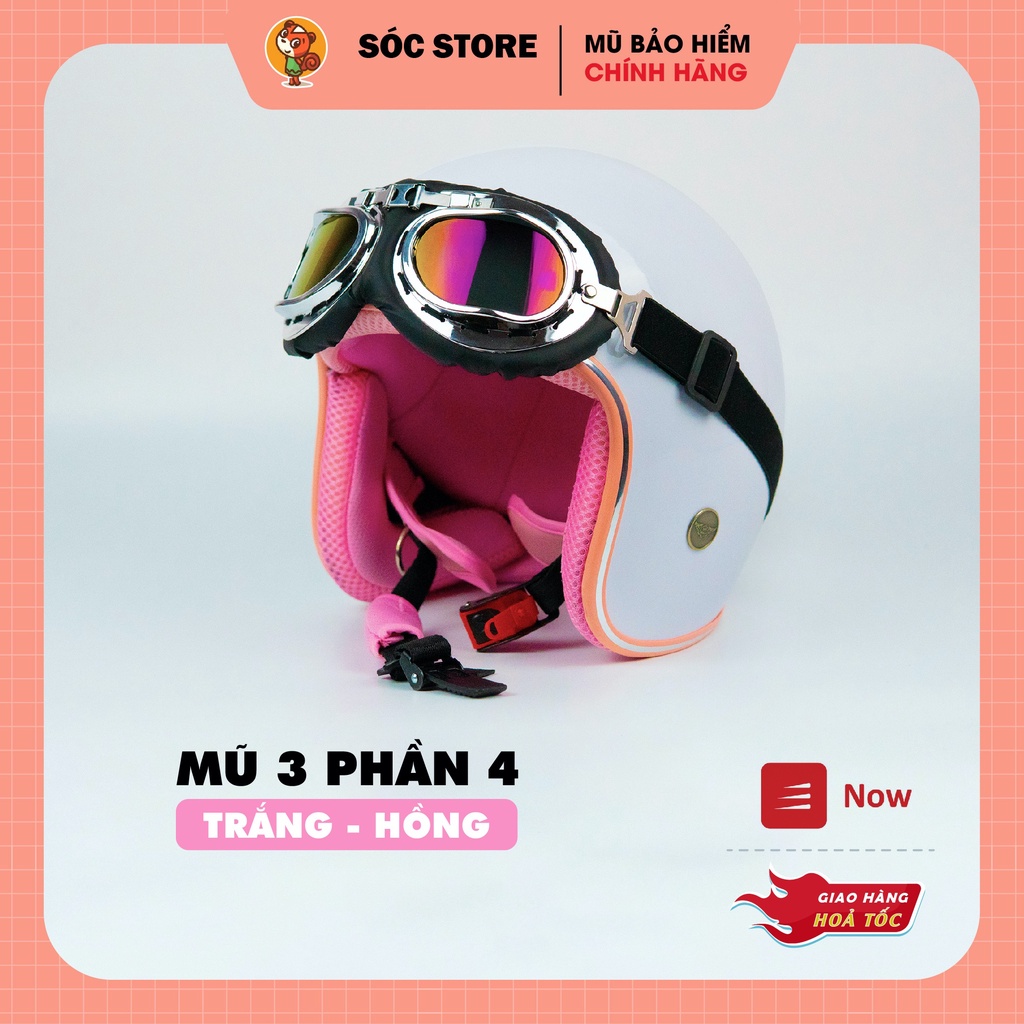 Mũ bảo hiểm 3/4 màu trắng lót hồng kèm kính phi công Sóc Store, nón bảo hiểm 3 phần 4 nam nữ freesize