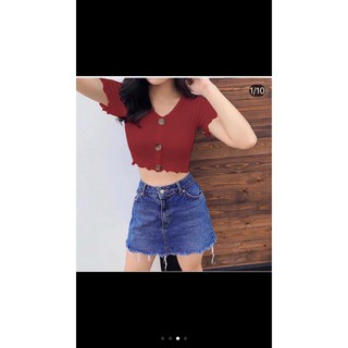 Áo thun gân croptop body phối cúc bự viền sóng cá tính TTSLA0036