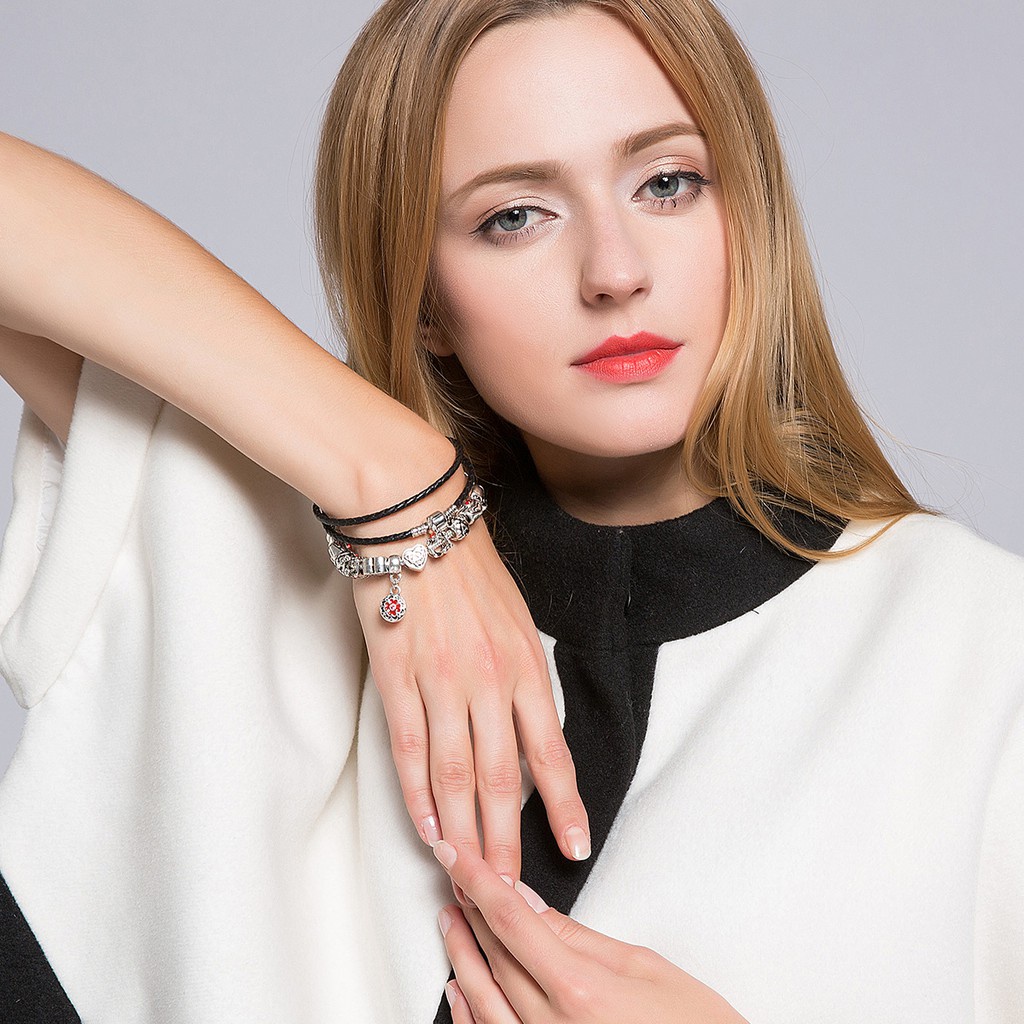 Vòng tay Bamoer PA1431 xỏ hạt thủy tinh và hạt màu đen thời trang cho nữ