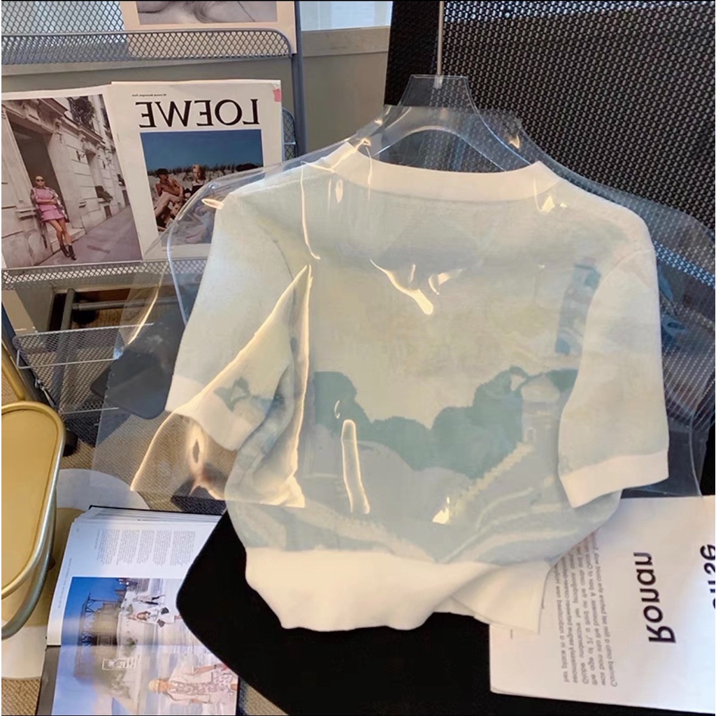 Xiaozhainv Áo cardigan Ngắn Tay Cổ Chữ V Thêu Họa Tiết Màu Sắc Tương Phản retro Cho Nữ