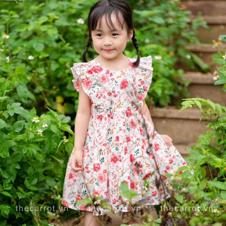 Váy Bé Gái Carrot Tay Cánh Tiên, Họa Tiết Hoa Hồng Đỏ 3 Tầng, Chất Liệu Thô Cotton Thấm Hút Mồ Hôi Tốt