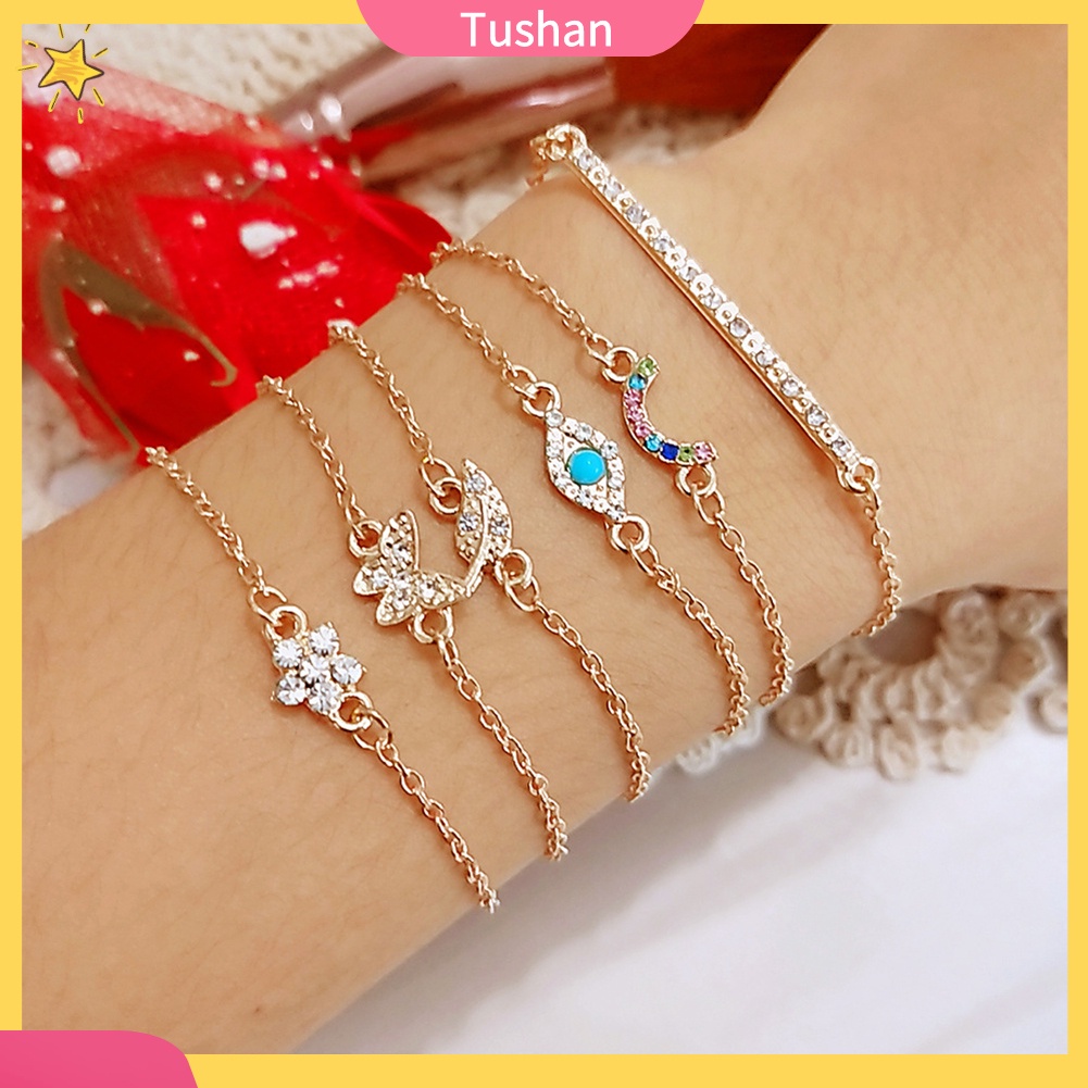 TUSH_6Pcs/Set Butterfly Leaf Evil Eye Charm Rhinestone Inlaid Women Bangle Bracelet