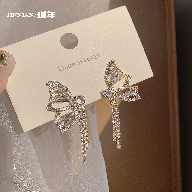 Bông Tai Tua Rua Dáng Dài Hình Bướm Đính Đá zircon Phong Cách Hàn Quốc Thời Trang Cho Nữ