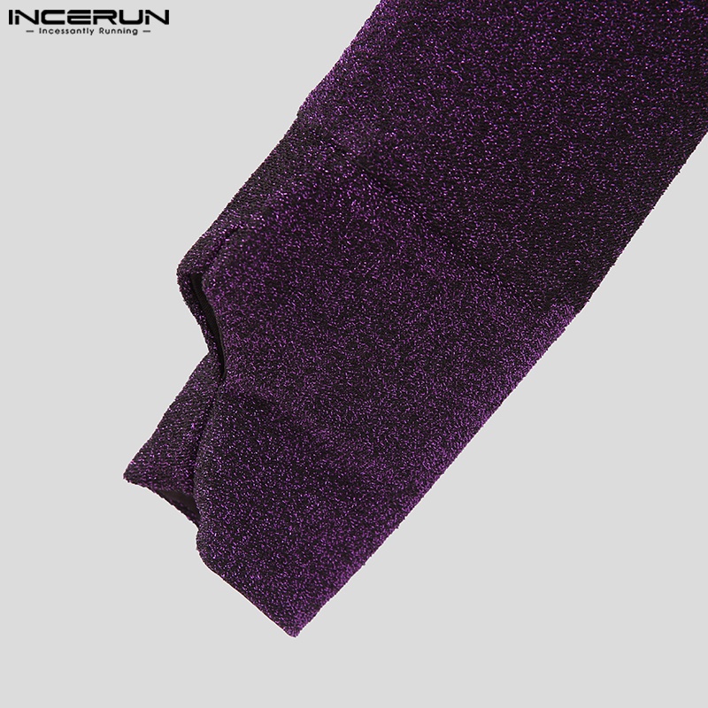 Áo thun INCERUN tay dài cổ lọc màu bạc/tím phong cách mùa thu thời trang sành điệu cho nam