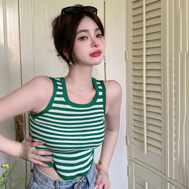 Áo Croptop Dệt Kim Sát Nách Cổ Tròn Hoạ Tiết Kẻ Sọc Phong Cách Hàn Quốc