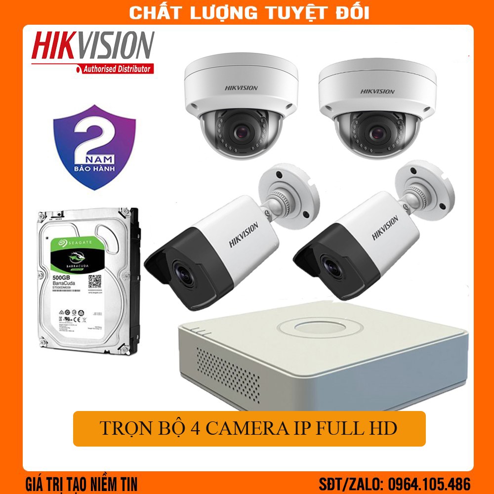 [Mã ELHAMS5 giảm 6% đơn 300K] TRỌN BỘ 4 CAMERA IP HIKVISON FULL HD 1080P- BẢO HÀNH 2 NĂM