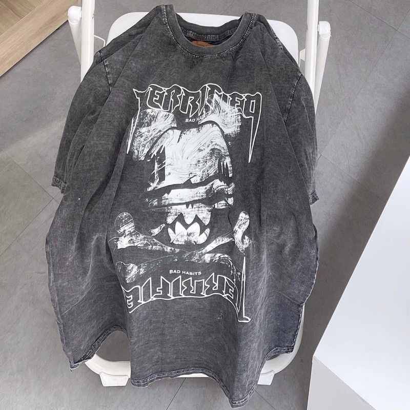 Áo thun tay lỡ Wash Xám TERRIFIED ❤️ Nam nữ unisex ❤️ Áo phông cổ tròn form rộng