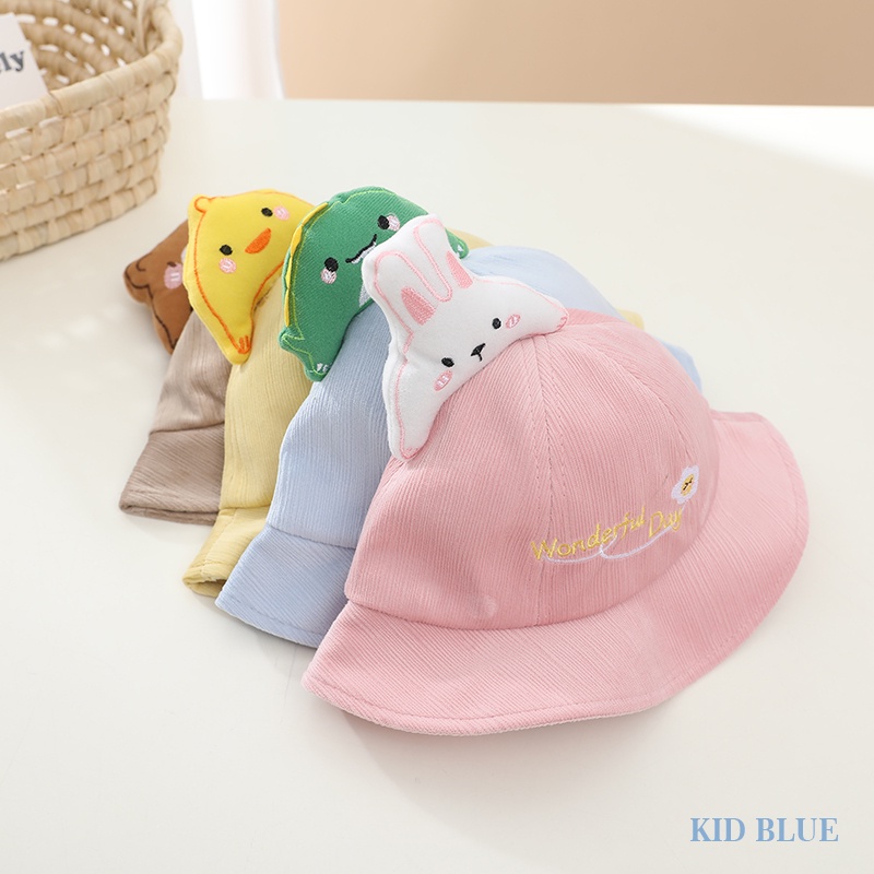Nón Bucket Màu Trơn Thêu Họa Tiết Thú Hoạt Hình Dễ Thương Cho Bé