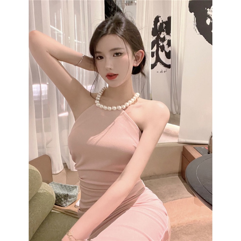 Irregular neck suspender dress in summer French pink waist shows thin hips forked medium-long skirt
