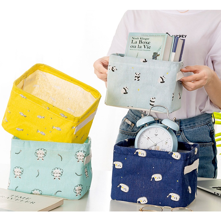Hộp Đựng Đồ Dùng / Mỹ Phẩm Bằng Vải Lanh Cotton In Họa Tiết Hoạt Hình Dễ Thương