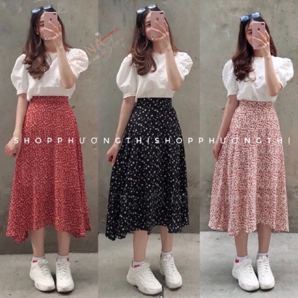 Chân váy hoa nhí dáng dài bigsize qua gối xếp ly xòe chữ a - Cạp chun lưng thun - Nhiều màu Vải voan mát - Chân váy dài | BigBuy360 - bigbuy360.vn