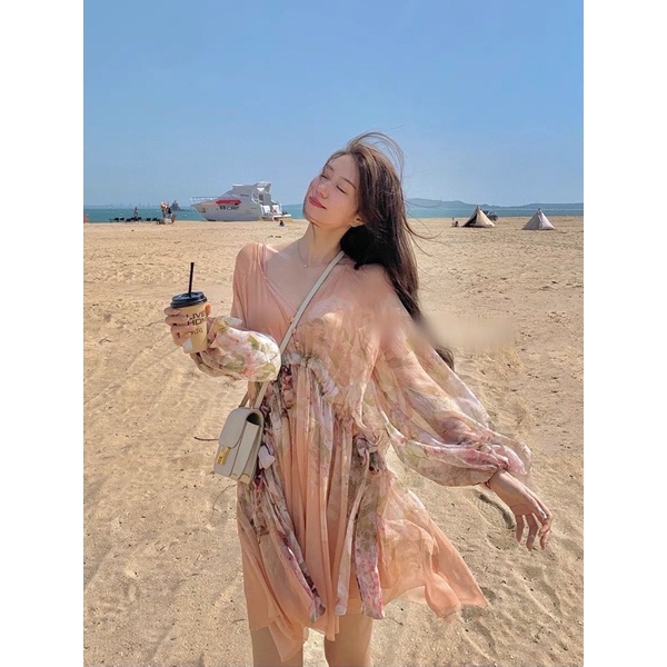 Đầm ngắn dáng xoè tay dài kèm váy hai dây hoạ tiết hoa thương hiệu Zimmermann cao cấp