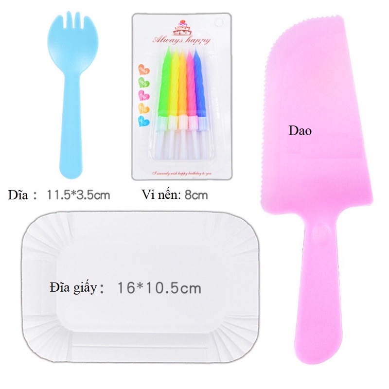 Bộ set 10c đĩa, dĩa, dao, nến ăn bánh kem sinh nhật màu pastel an toàn