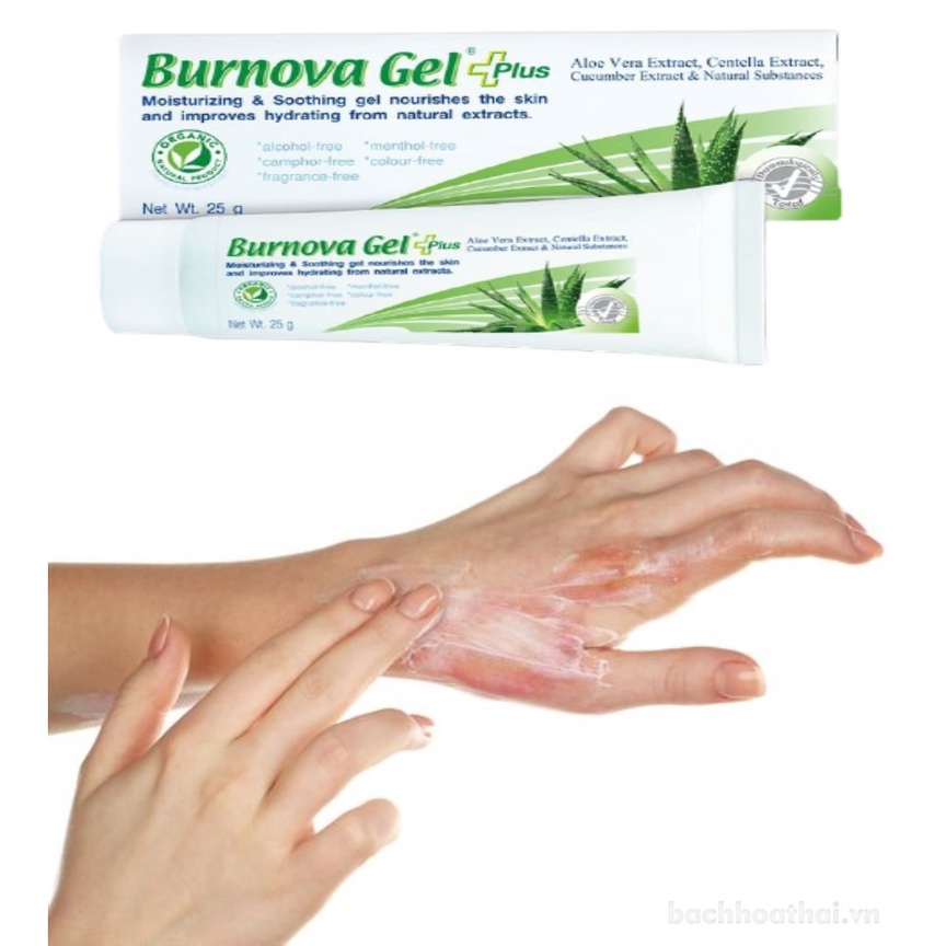 Gel bôi da-Burnova Gel Plus ( chiết xuất từ rau má, nha đam, dưa leo hỗ trợ phục hồi vết do bỏng, trầy xước)