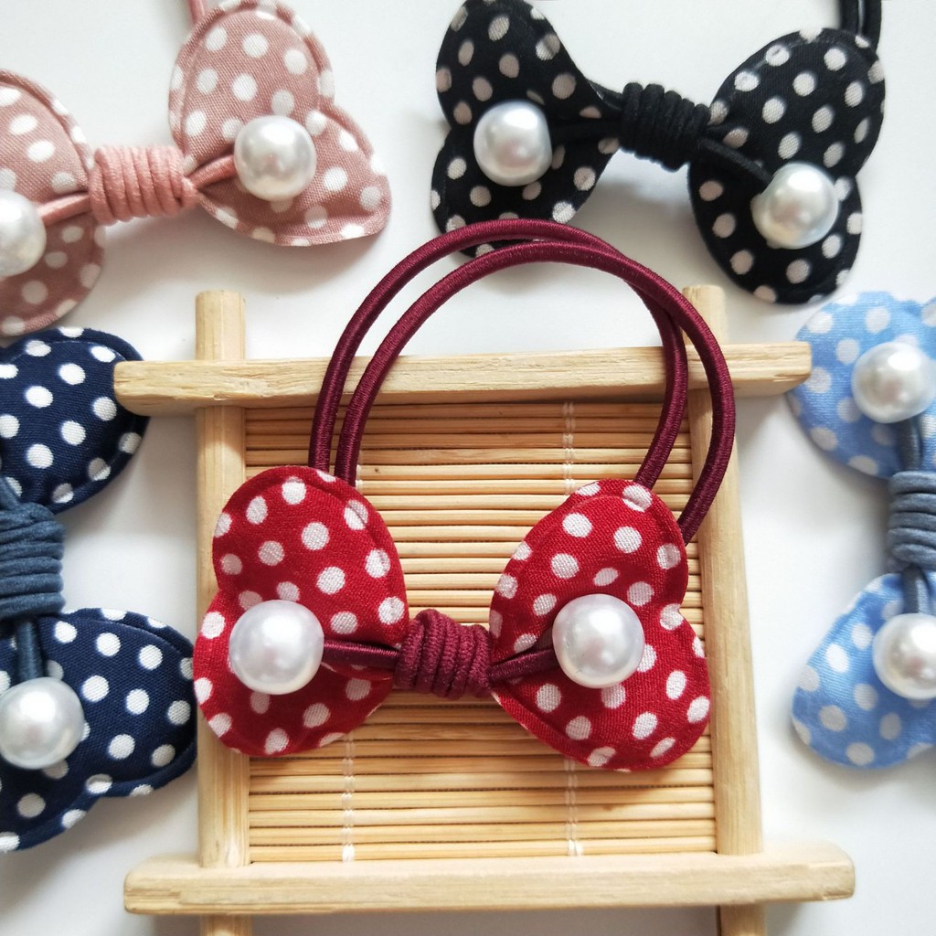 Dây buộc tóc cột tóc chấm bi cánh bướm kèm hạt châu cho bạn gái