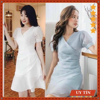 Váy tay bồng,đầm xếp li eo đính chuổi Eva_home_fashion