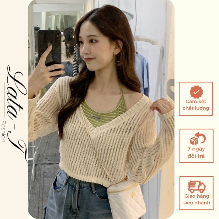 (Hàng QC) Set áo len lưới dệt kim dài tay mỏng nhẹ xuyên thấu cổ V