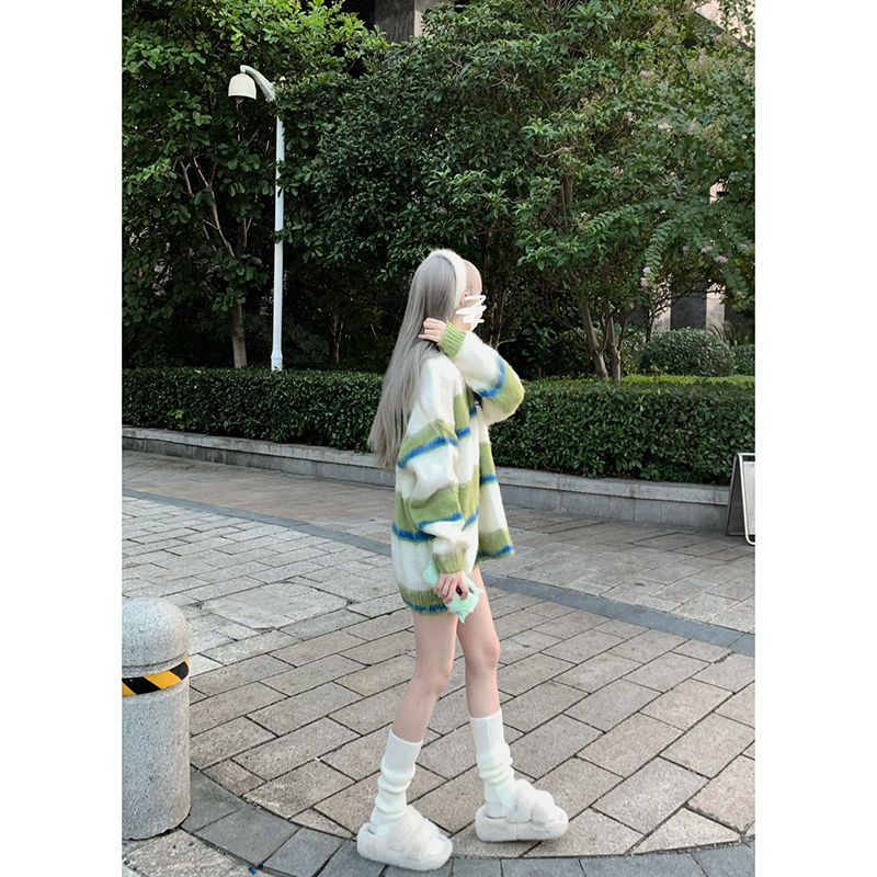 Jiashucheng Áo Sweater Dệt Kim Dáng Rộng Kẻ Sọc Màu Tương Phản Phong Cách Preppy Thời Trang Mùa Thu Mới Cho Nữ