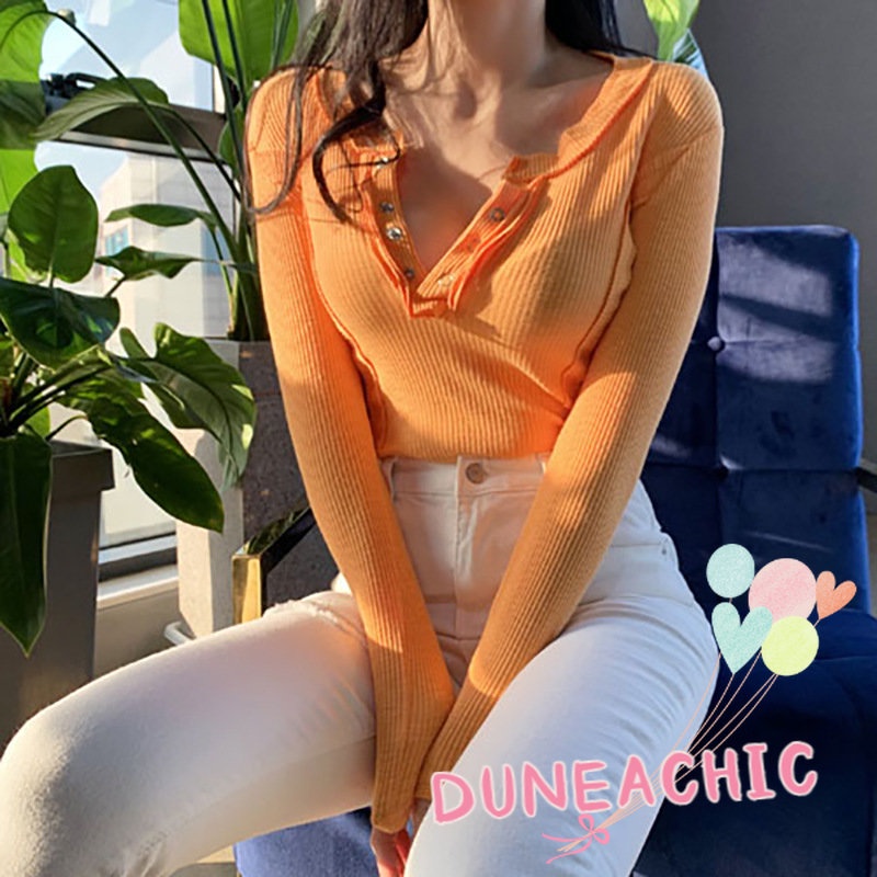 DUNEA Áo Thun Nữ Tay Dài Cổ Cao Hở Lưng Quyến Rũ