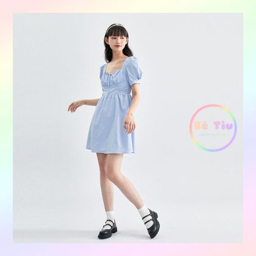 Váy Đầm Xanh Dương Style Tiểu Thư Nữ Tính Có Dây Nơ Trước Ngực Tay Bồng | Bé Tiu Clothing