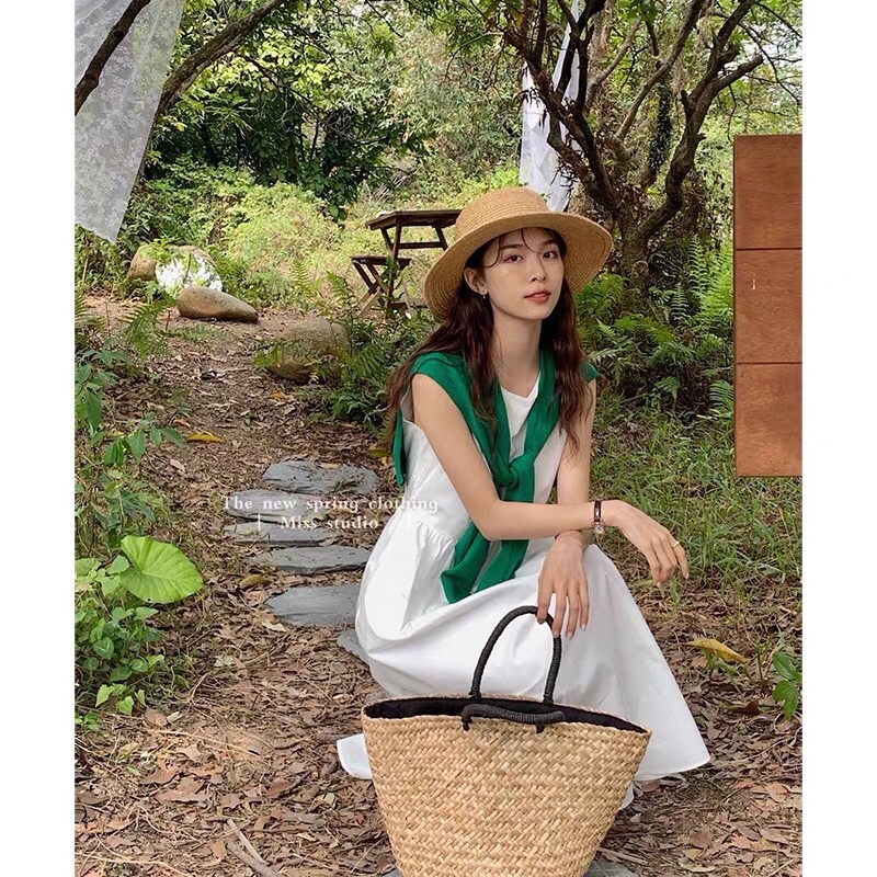 Váy babydoll kèm khăn tiểu thư sang chảnh, Váy maxi đi biển vintage 2 lớp Maitrangshop92 – (TTA94)
