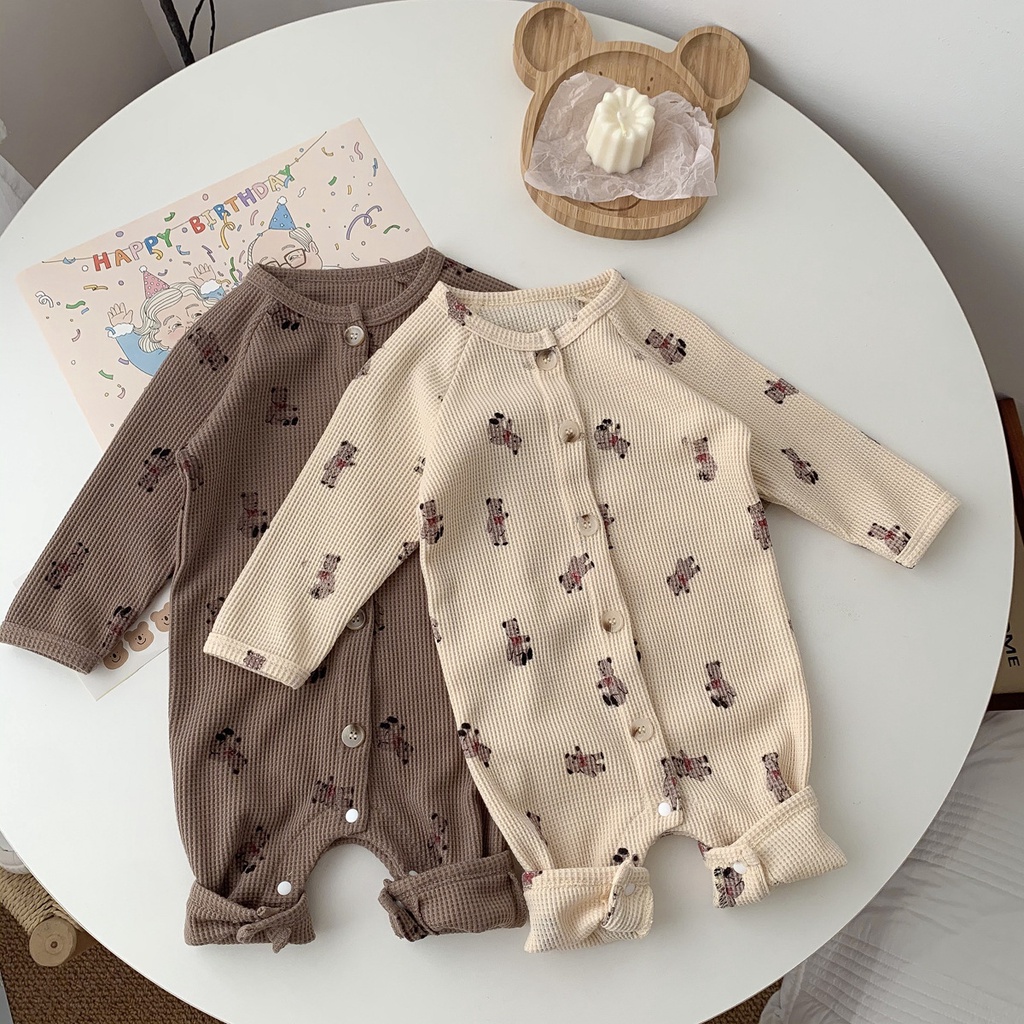 Áo liền quần dài tay in hình gấu thời trang mùa xuân thu dành cho trẻ nhỏ mới sinh