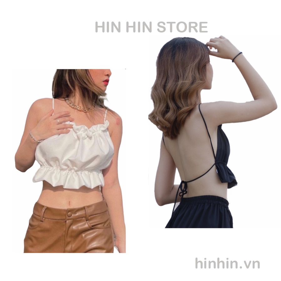 Áo Croptop 2 dây yếm dún bèo hở lưng màu trắng và đen HAC61 - Hỉn Hỉn Store