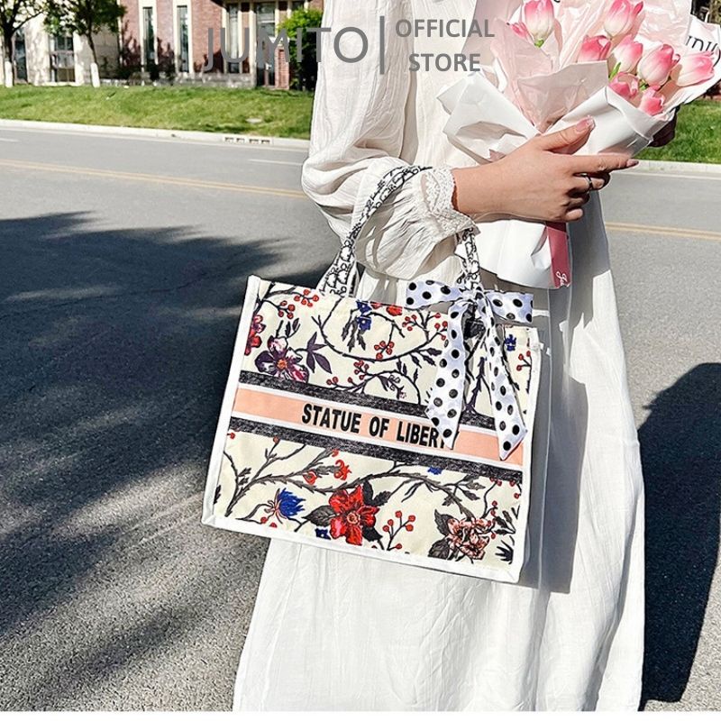 Túi xách nữ đeo vai cầm tay bản vải chống thấm họa tiết thắt nơ hot trend 2022 JUMITO T1.032.TR