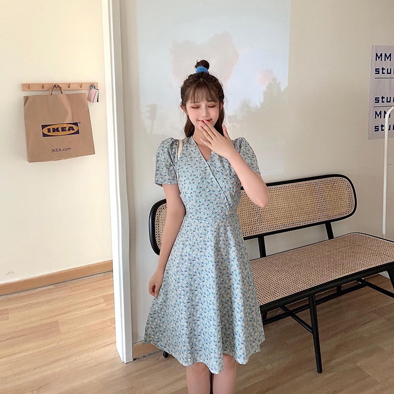 IELGY  Đầm Hoa Chuông Nhỏ Cổ Chữ V Siêu Mỏng Mùa Hè Kiểu Pháp