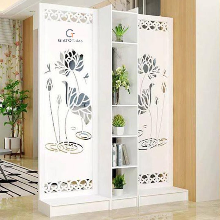 Bộ 2 vách ngăn liền 1 kệ hình sen trang trọng GTS334 cao cấp bằng gỗ CNC
