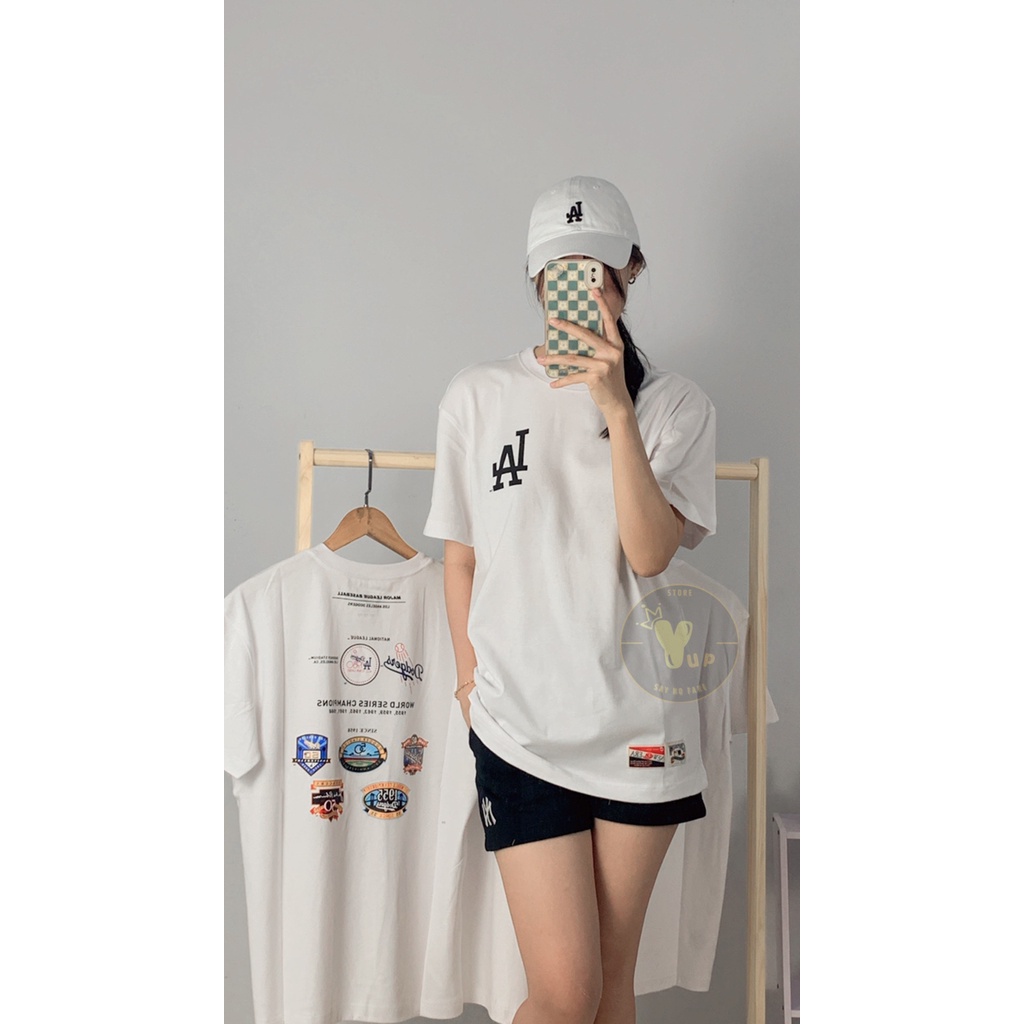 Áo new era chính hãng – áo thun unisex, màu đen logo NY và màu trắng - navy logo LA, nhiều sticker sau áo, thoáng mát