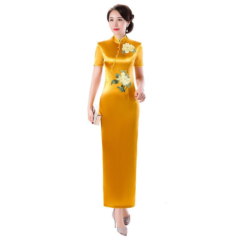 Thời trang trung niên❐▩Sườn xám màu vàng 2021 New Peony Hot Rhinestone Dài eo thon gọn Cải thiện sàn catwalk Tran