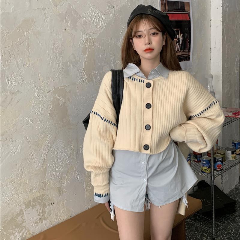 Set áo len tay dài không đều croptop sau lưng màu kem + sơ mi xanh xám có nút cài cúc cổ polo ulzzang