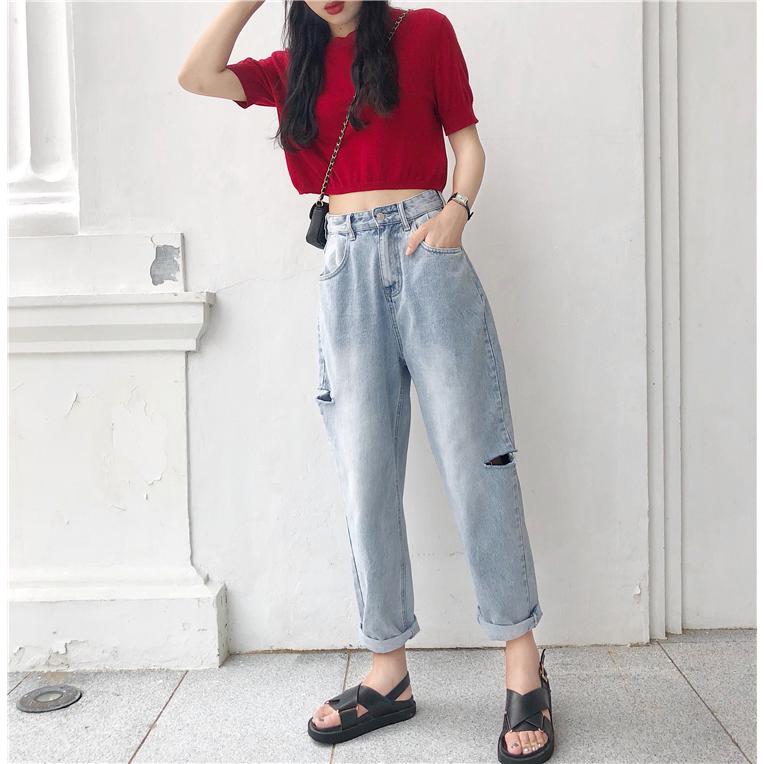 Quần dài thời trang nữ ống rộng phong cách retro Hàn Quốc
