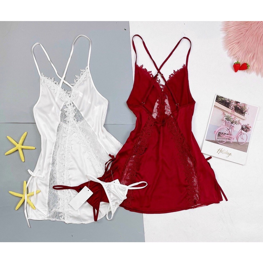 Đồ ngủ sexy / Đầm 2 dây phối ren hoa xẻ tà, chất liệu satin cao cấp loại 1, kèm quần đùi so cute, freesize dưới 65kg Sex | BigBuy360 - bigbuy360.vn