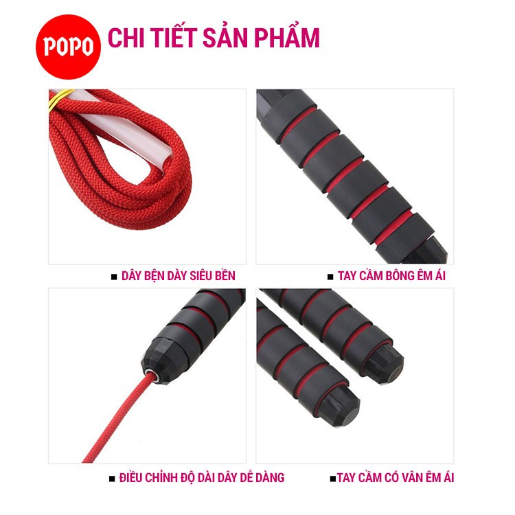 Dây nhảy dây POPO TS23 thiết kế mới kèm thêm tạ sắt theo sở thích, lõi dây thép 6mm, tay nắm có vân êm ái thoáng khí