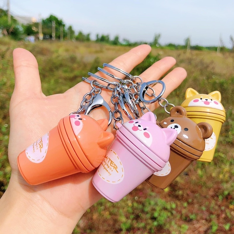 Móc khoá ly hạt mầm có đèn, Móc khoá ly trà sữa gấu cute quà lưu niệm