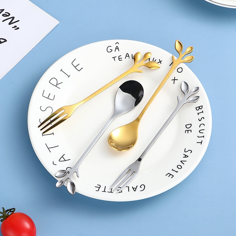 Bộ Muỗng Nĩa Ăn Tráng Miệng Hình Chiếc Lá Bằng Thép Không Gỉ Dễ Thương Xinh Xắn