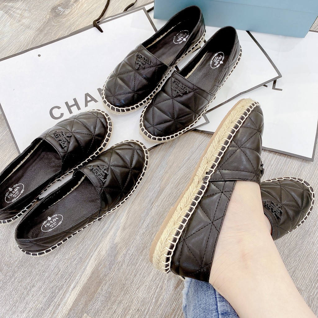 [Giày búp bê nữ] [Giày Slip On nữ P.R.A D.A da lì đế cói phong cách nữ tính Hàn Quốc 2021]